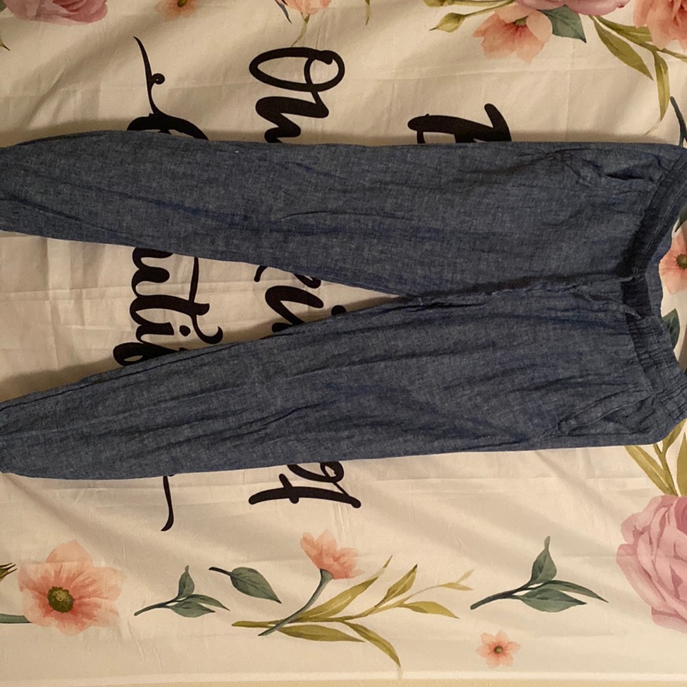 denim colored comfy pants, flared bottoms